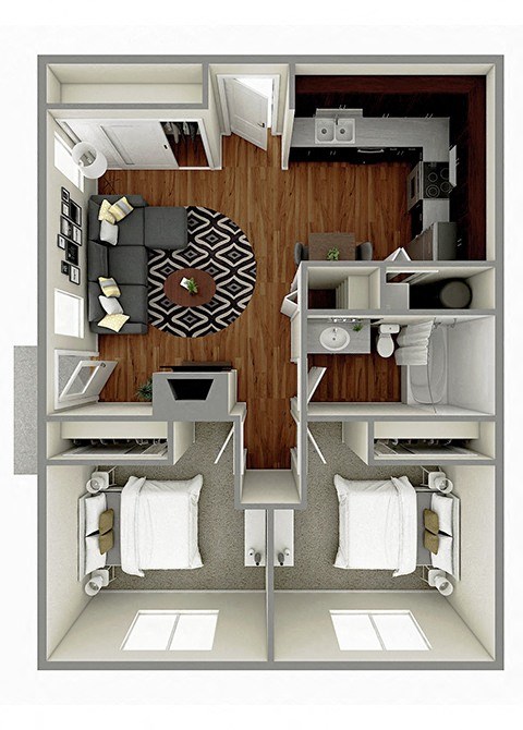 Floor plan for 2 beds, 1 bath, 880 sqft